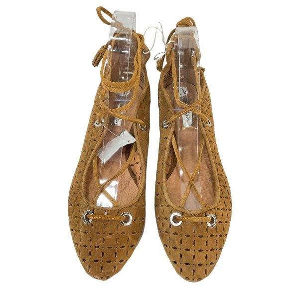 Halogen Shoes Womens Sz 7.5 Nella Ghillie Camel Suede Ankle Wrap Flats Nwob - Picture 5 of 8